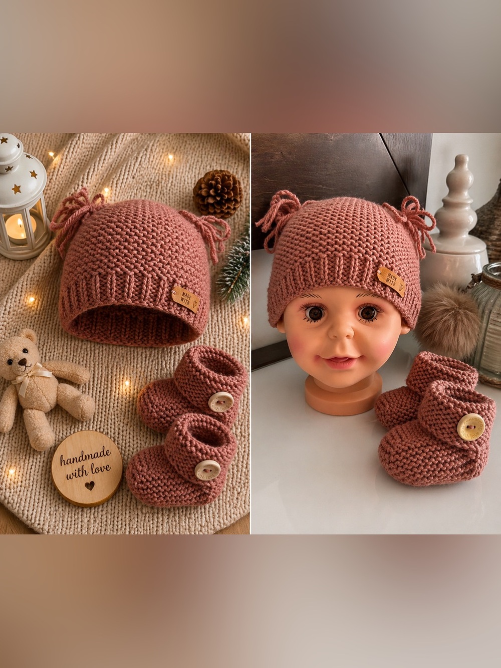 Handmade Knit Baby Hat and Booties - Dusty Rose